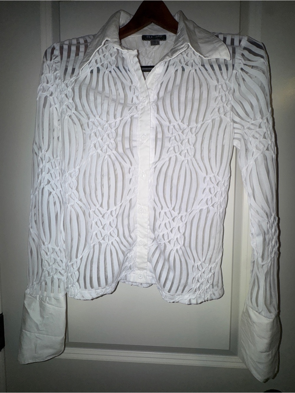 Vintage Ell Jay White Openwork Button-Down Shirt with Textured Design